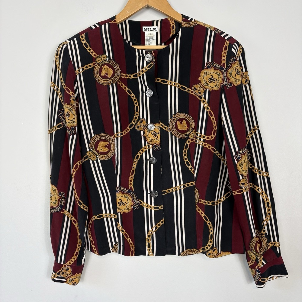 Vtg‎ 100% Silk Equestrian Chain Print Button Blouse Sz Small Red Black Gold